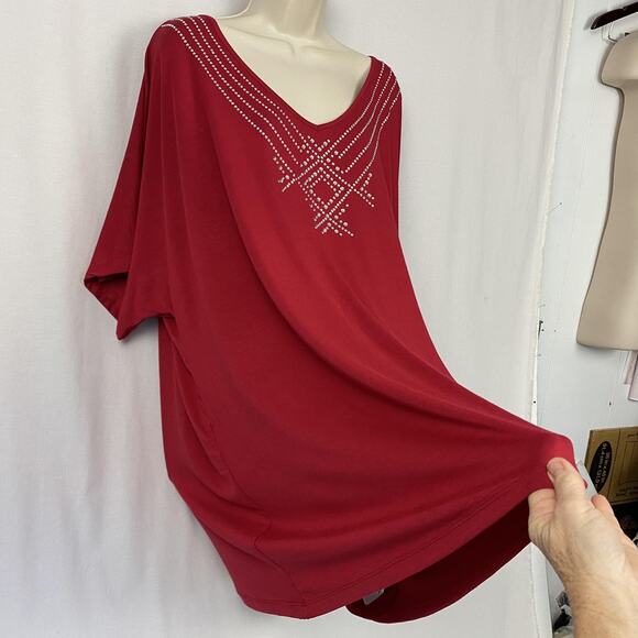 Catherines Top 3X Red Rhinestone Embellished V Neck Dolman Slinky Knit Glam - Picture 4 of 13